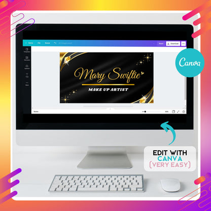 Elegant makeup artist business card design in black and gold, created for salon owners, stylists, and freelancers — easy-to-edit Canva template with a double-sided layout for premium beauty branding.