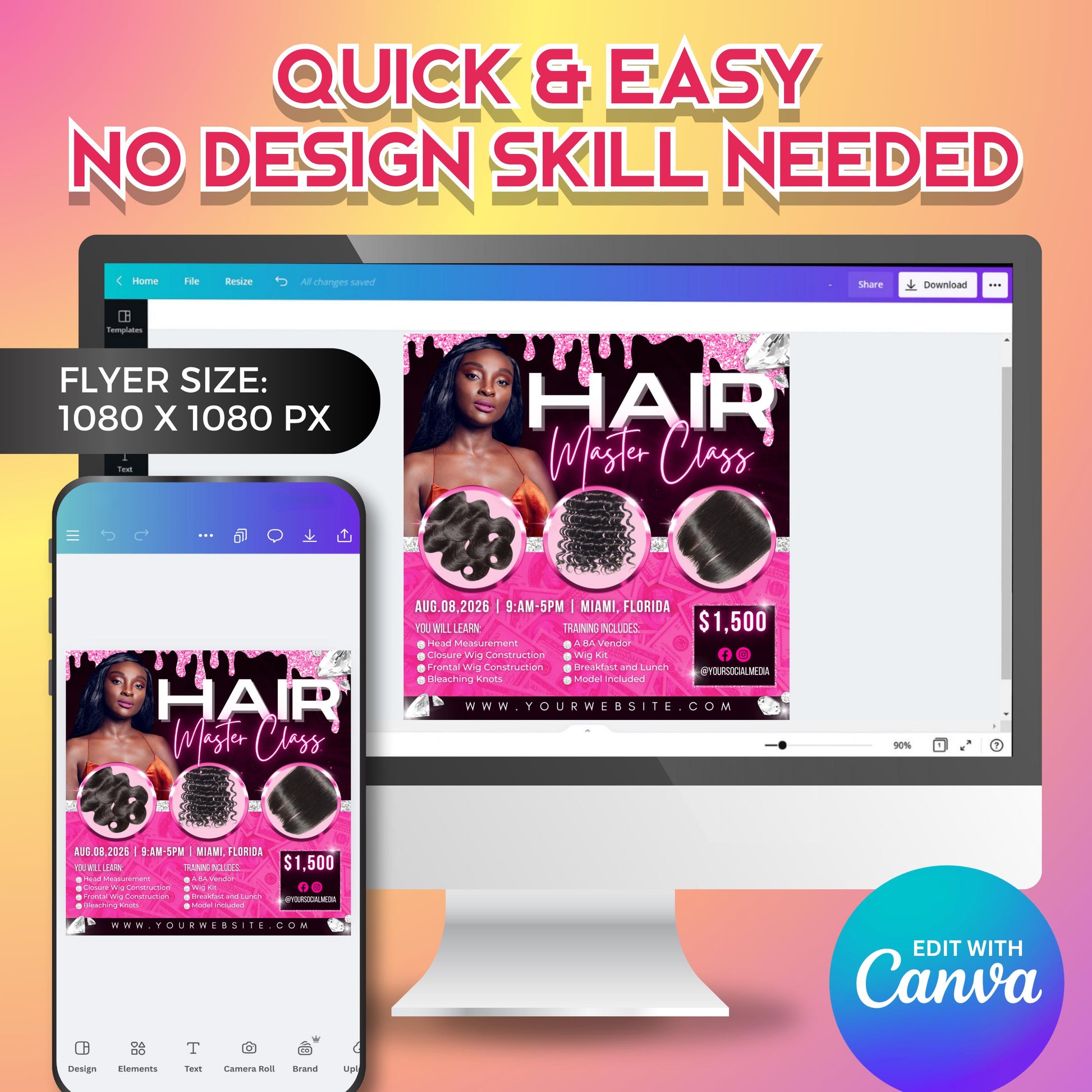 Pink glam hair training flyer for beauty educators promoting in-person wig courses or salon workshops — fully editable Canva template for modern marketing use.