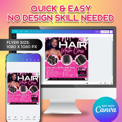 Pink glam hair training flyer for beauty educators promoting in-person wig courses or salon workshops — fully editable Canva template for modern marketing use.