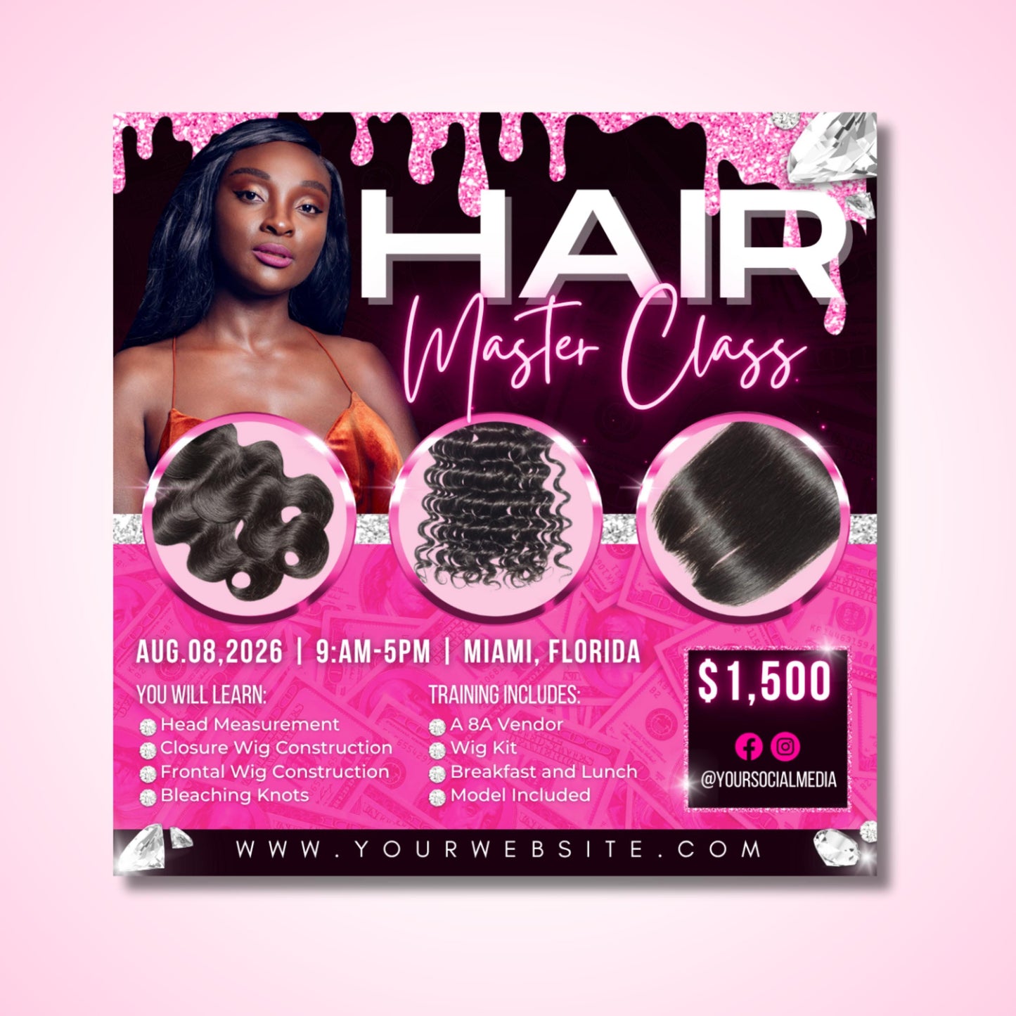 beauty educator flyer template to promote hair and wig masterclasses — stylish design in canva featuring event info, pricing, and class details for salon professionals.